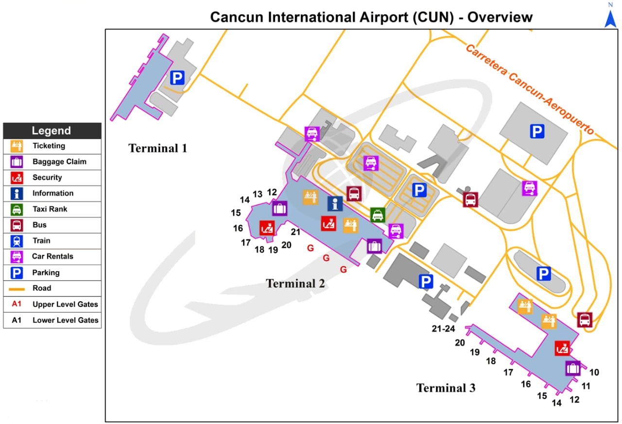 Map of the Cancun airport parking terminals